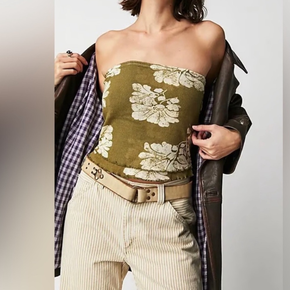 Free People Green Floral Strapless Crop Top